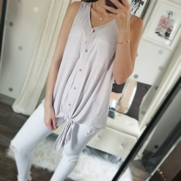 Summer Silver Gray Slinky Pocket Tank Button Top Sleeveless Henley Top - Picture 4 of 8